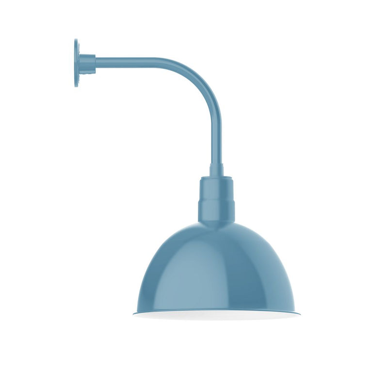 Light blue curved arm wall light with deep bowl shade and bell diffuser