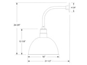 Dimension diagram of black curved arm wall light with deep dome shade