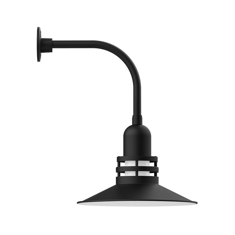 Black curved-arm wall light with angled cone shade and round mount plate