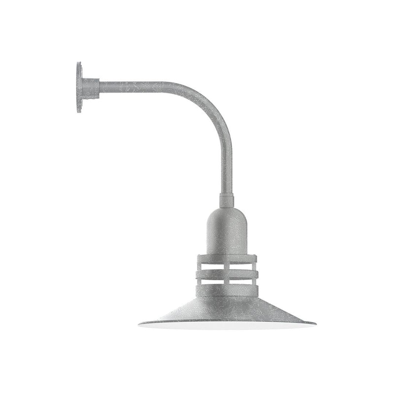 Curved arm wall light with painted metal shade and mounting backplate, gray finish