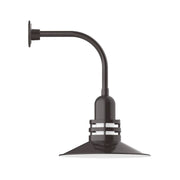 Architectural bronze curved-arm wall light with flared metal shade and backplate