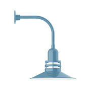 Light blue curved arm wall light with bell-shaped shade and stepped base