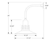 Black curved arm wall light dimension diagram with 16 in. wide flared shade