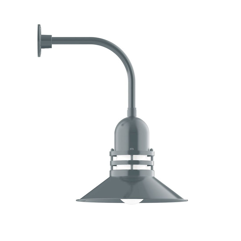 Slate gray curved-arm wall light with wide lantern-style shade