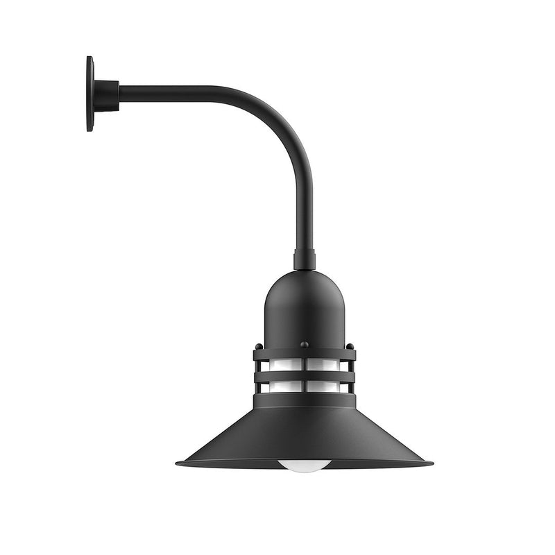 Black curved arm wall light with round dome and flared shield shade