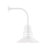 White curved arm wall light with frosted glass globe and bottom canopy