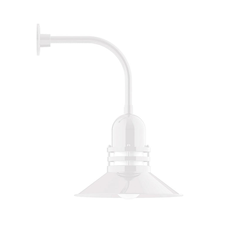 White curved arm wall light with frosted glass globe and bottom canopy