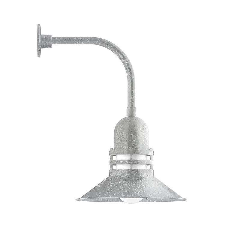 Curved-arm wall light with painted galvanized metal shade and bracket, gray finish