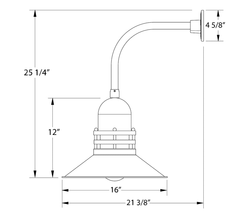 Curved-arm wall light diagram with 16 in width, 25 1/4 in height, and 12 in body