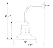 Atomic 16 in curved arm wall light dimension diagram: 25 1/4 in high, 16 in wide