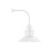 White curved arm wall light with bell shade and socket detail