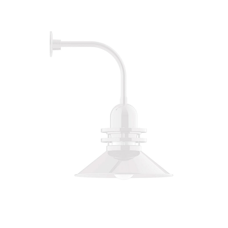 White curved arm wall light with shallow dome shade and mounting bracket