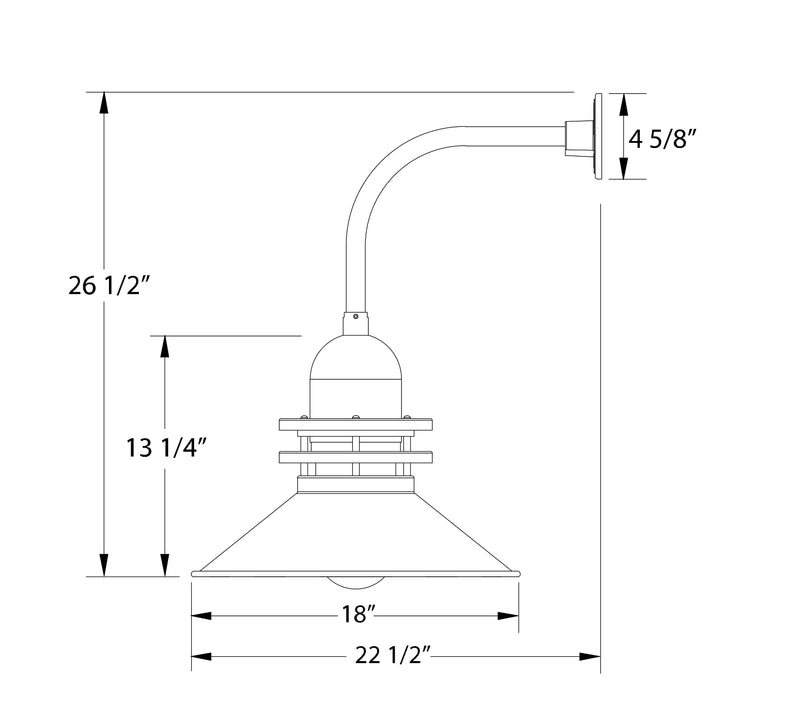 Curved-arm wall light dimension diagram: 18in shade width, 26 1/2in height