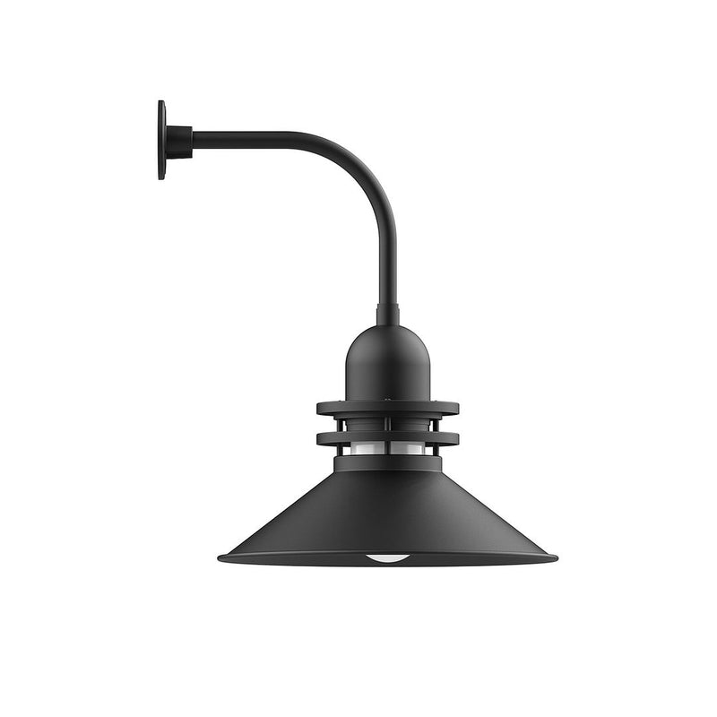 Black curved-arm wall light with downward bell shade and wall mount