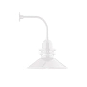 White curved arm wall light with cone shade and exposed socket