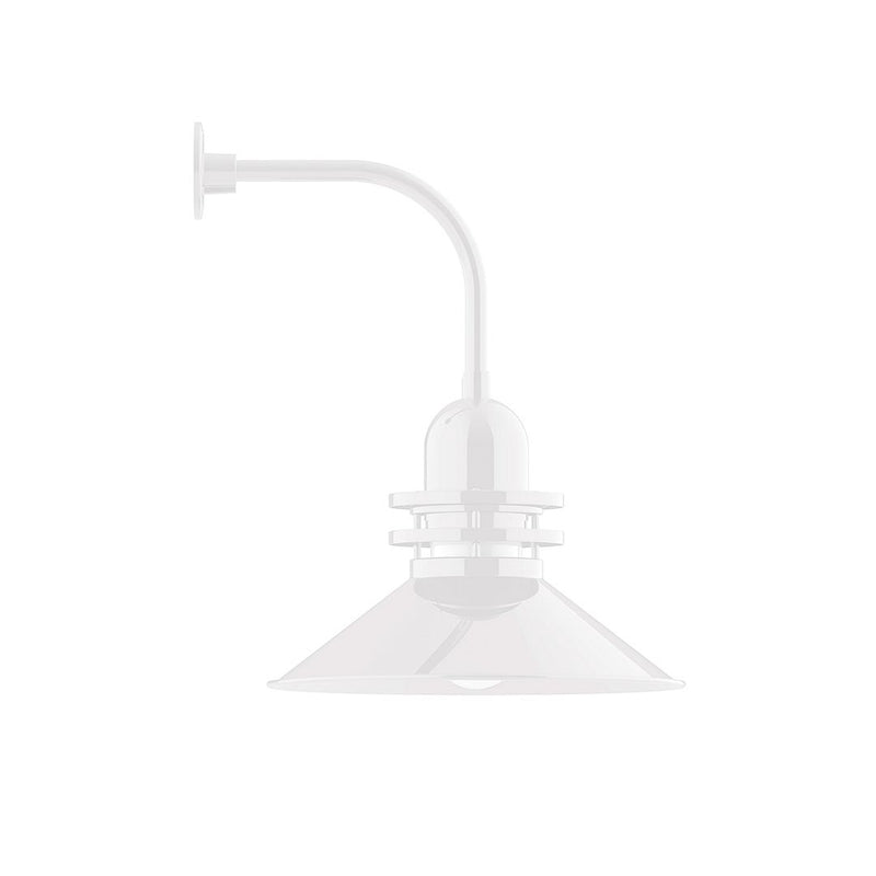 White curved-arm wall light with bell shade and mounting bracket