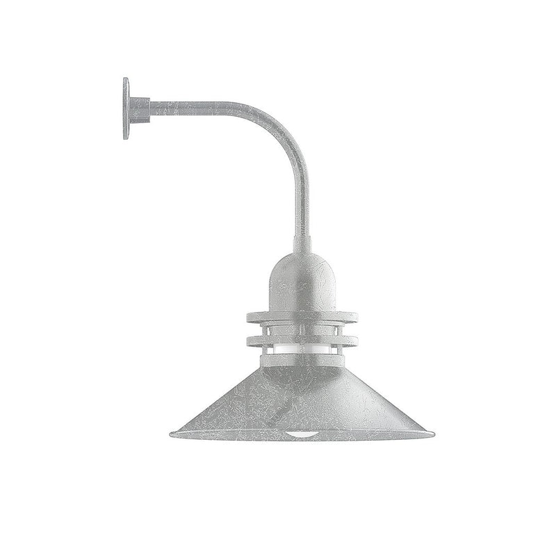 Curved arm wall light with painted metal shade and mounting plate.