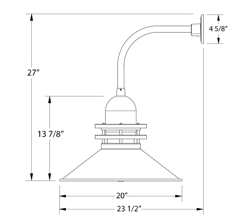 Curved-arm wall light dimensions: 20 in width, 27 in height