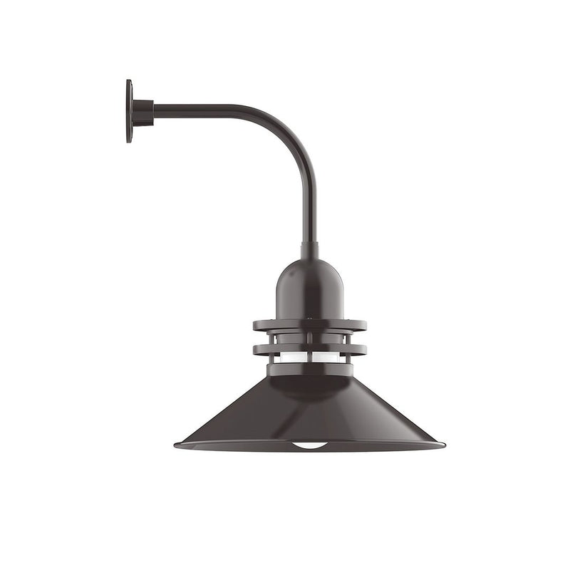 Curved arm wall light in architectural bronze with angled downward shade