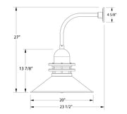 Barn red curved arm wall light with bell shade; 20 in width, 27 in height.