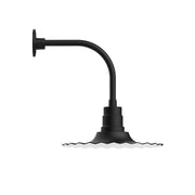 Black curved-arm wall light with round backplate and arched arm, Radial 16".