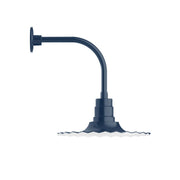 Navy curved arm wall light with round back plate and 16" projection