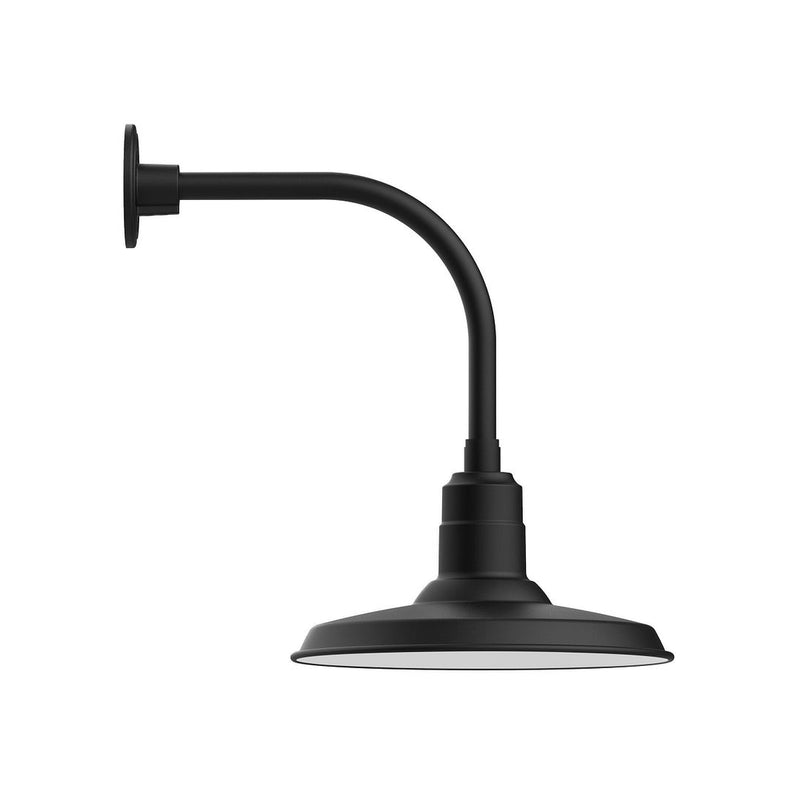 Black curved-arm wall light with round back plate and dome shade