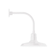 White curved arm wall light with bell-shaped shade and mounting plate