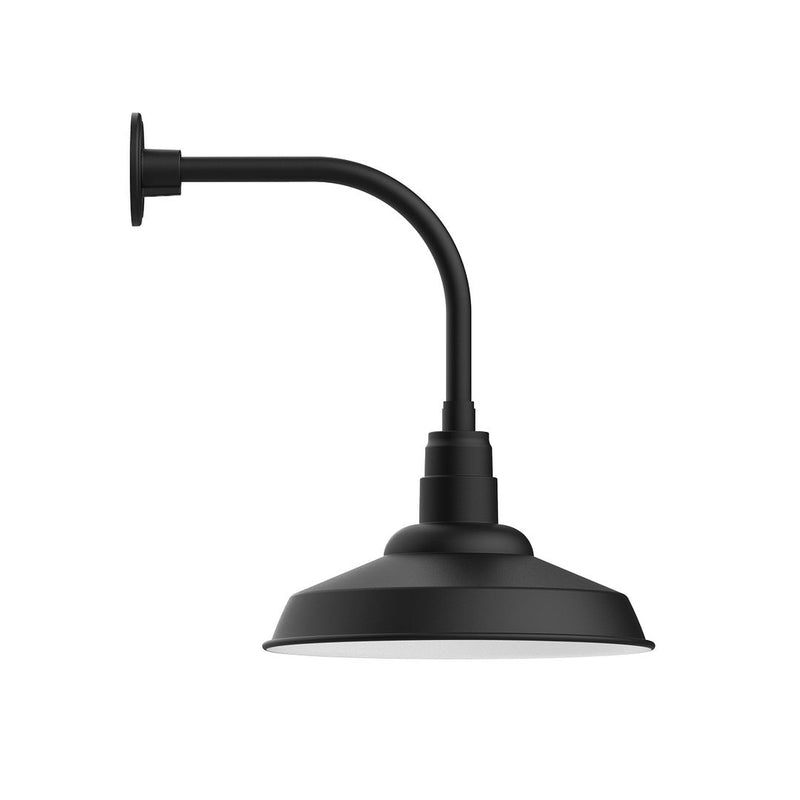 Black curved arm wall light with dome shade and LED lamp head on round mount