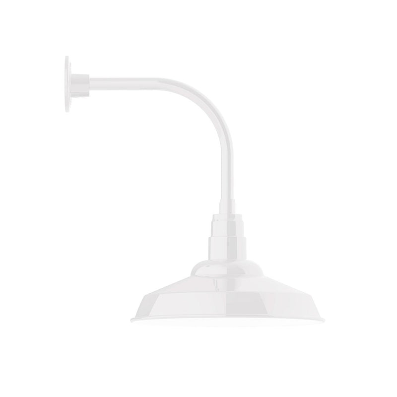 White curved-arm wall light with bell-shaped shade and wall mount bracket