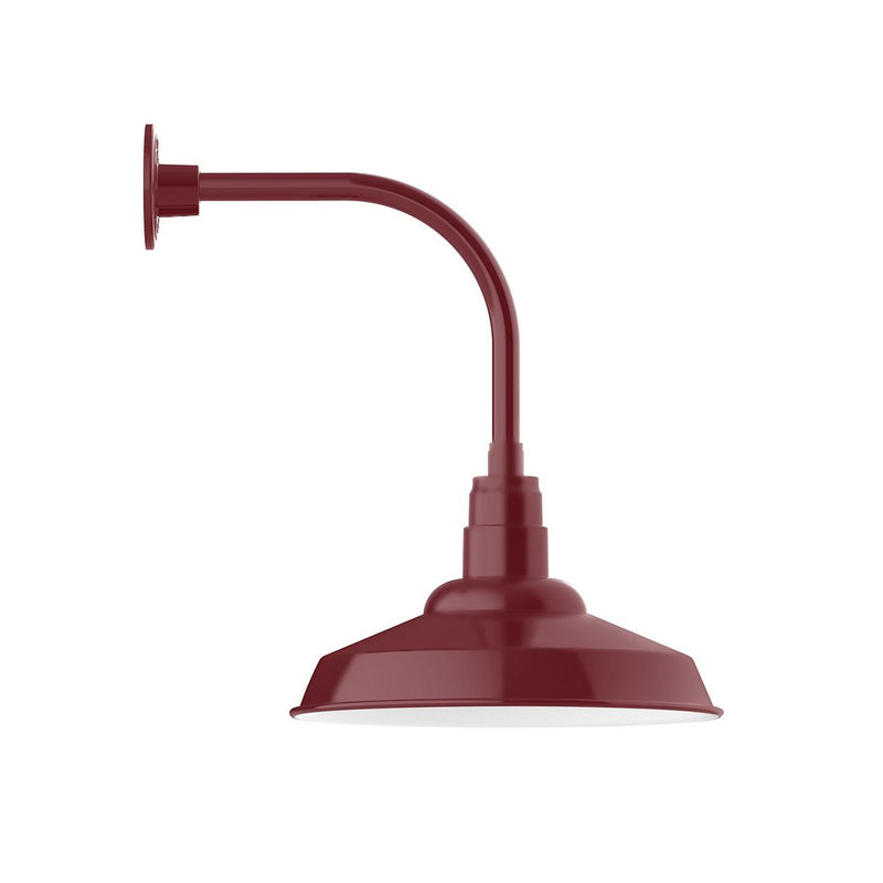 Barn red curved-arm wall light with flared dome shade and mounting backplate