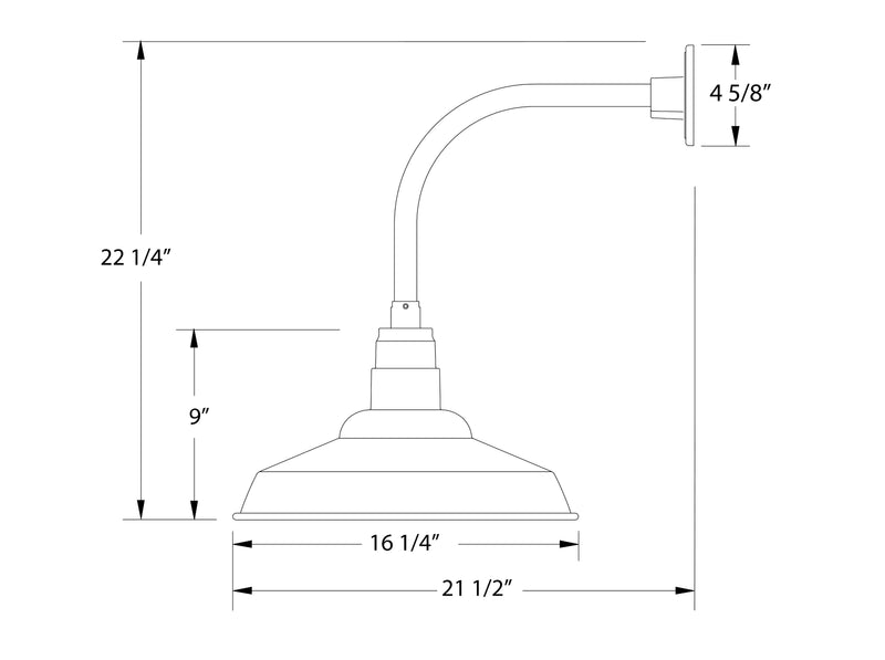 Curved arm wall light technical line drawing with mounting details