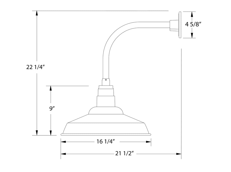 Warehouse 16" Curved Arm wall light in Barn Red Line Drawing