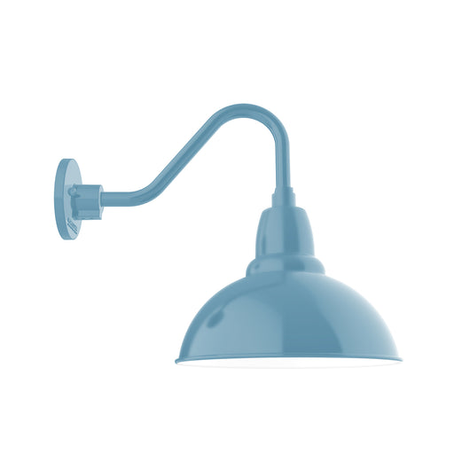 Light blue gooseneck wall light with dome shade and curved arm