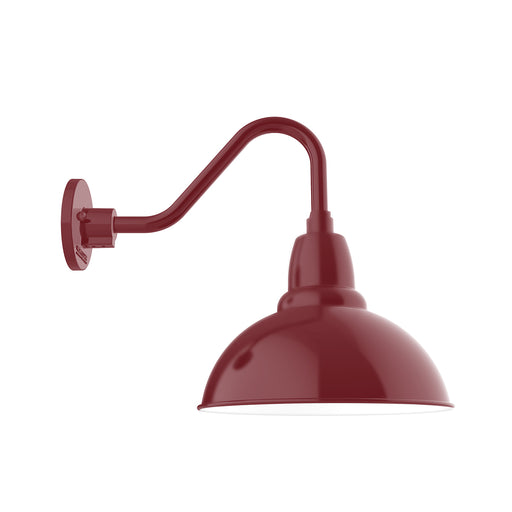 Gooseneck wall light with barn red bell shade and curved arm, wall-mounted base