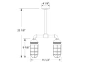 Two-light pendant sketch with twin lantern shades and stem; size labels shown