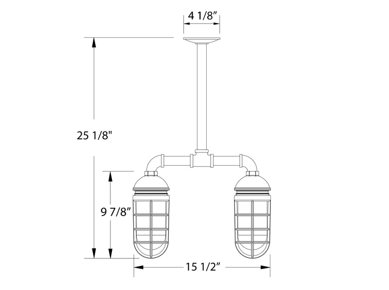 Two-light pendant sketch with twin lantern shades and stem; size labels shown