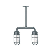 Two-light stem-hung pendant with slate-gray twin lantern shades and frosted glass