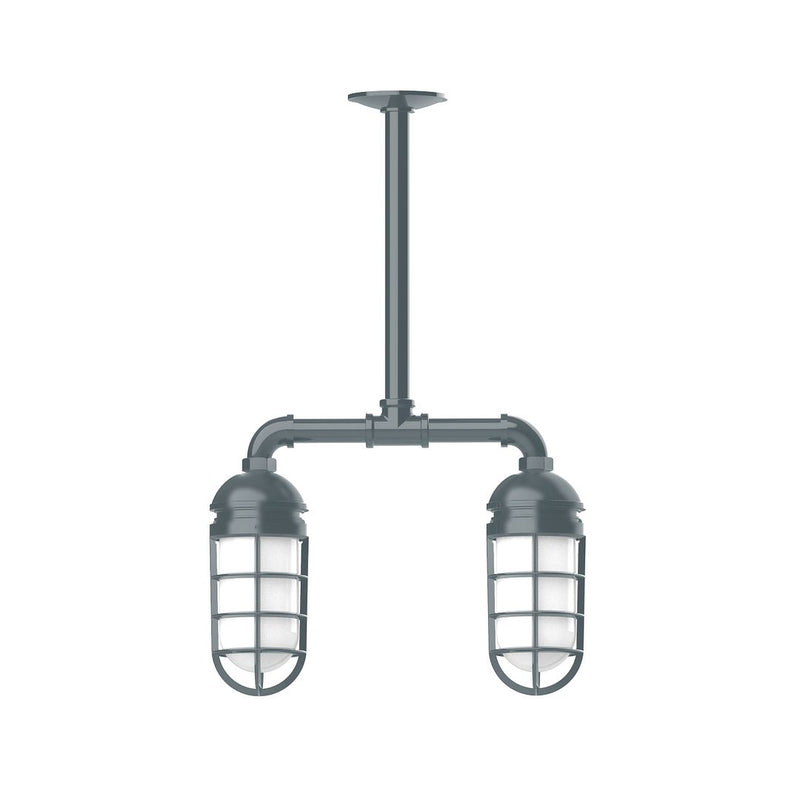 Two-light stem-hung pendant with slate-gray twin lantern shades and frosted glass