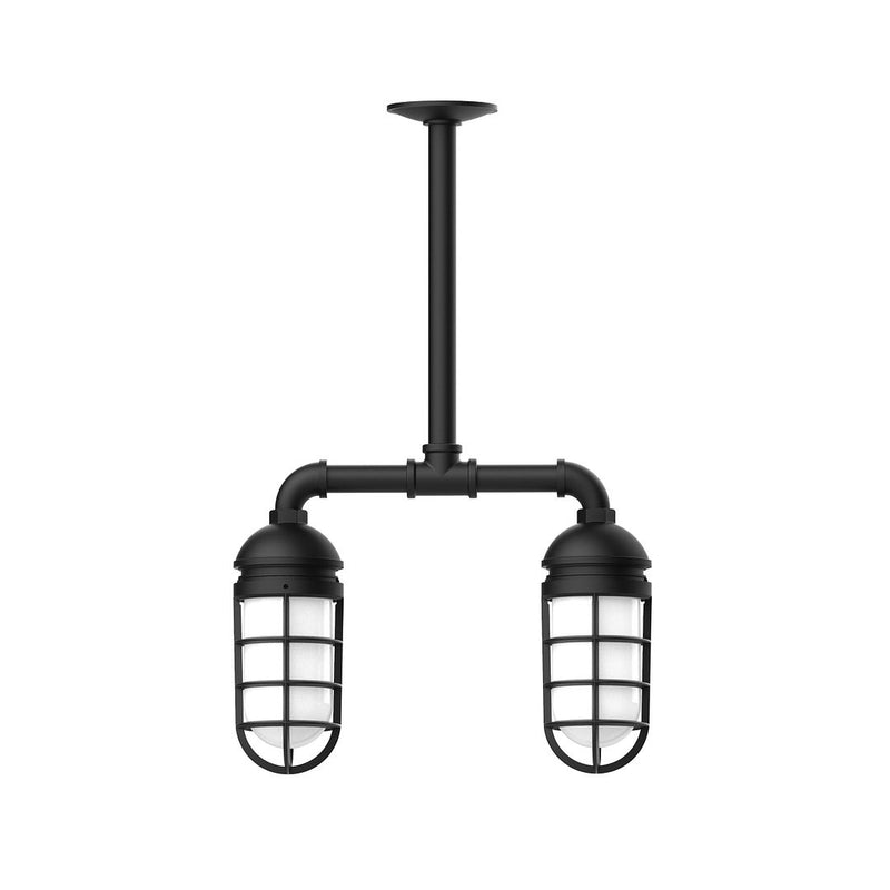 Black two-light stem-hung pendant with two lantern-style glass shades