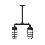 Two-light black stem-hung pendant light with two lantern glass shades