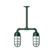 Forest green two-light stem-hung pendant with glass lantern shades and grid panels