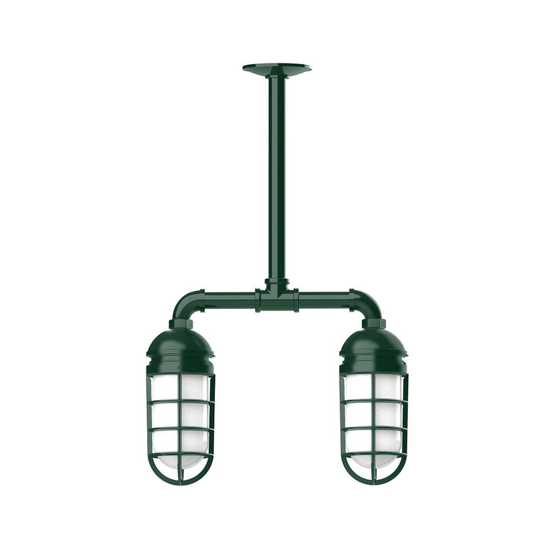Forest green two-light stem-hung pendant with glass lantern shades and grid panels