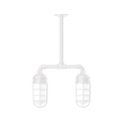 White two-light stem-hung pendant with two lantern glass shades
