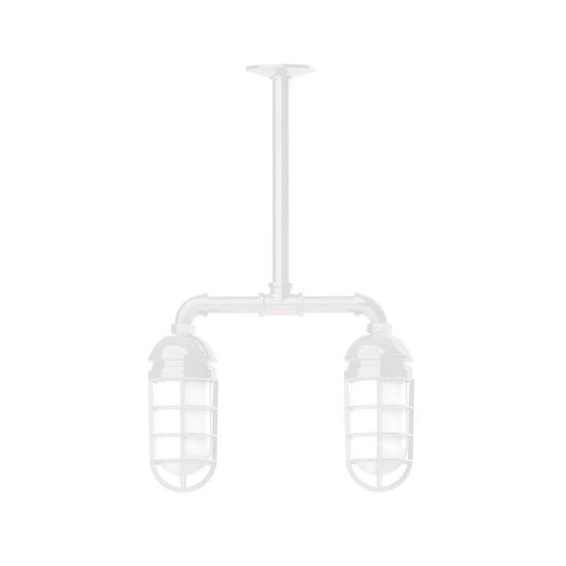 White two-light stem-hung pendant light with dual lantern glass shades