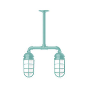 Sea green two-light stem-hung pendant with twin lantern glass shades
