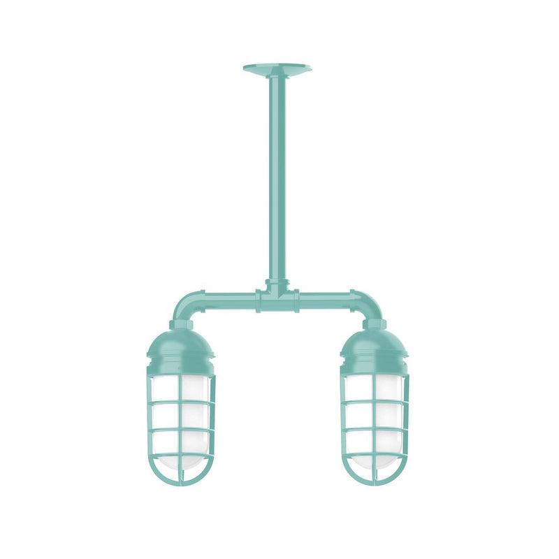 Sea green two-light stem-hung pendant with twin lantern glass shades