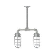 Two-light stem-hung pendant lantern with gray metal and clear glass grid shades