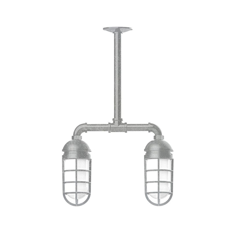 Two-light stem-hung pendant light with lantern-style glass shades, painted galvanized metal