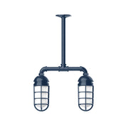 Navy two-light stem pendant with two glass lantern shades and metal framing
